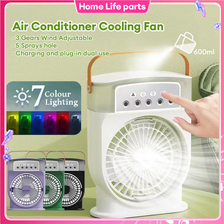 Portable USB Air Conditioner Cooling Fan - 5 Spray Modes, 7-Color Light, 600ML Water Tank Mist Cooler and Humidifier