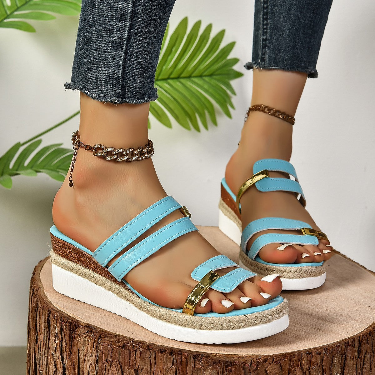 Colorblock-Strap Wedge Sandals - Summer Fashion Hemp Heel Slides, Outdoor Thick Bottom Fish Mouth Shoes for Women