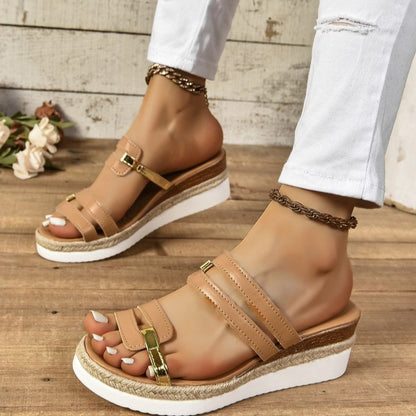 Colorblock-Strap Wedge Sandals - Summer Fashion Hemp Heel Slides, Outdoor Thick Bottom Fish Mouth Shoes for Women