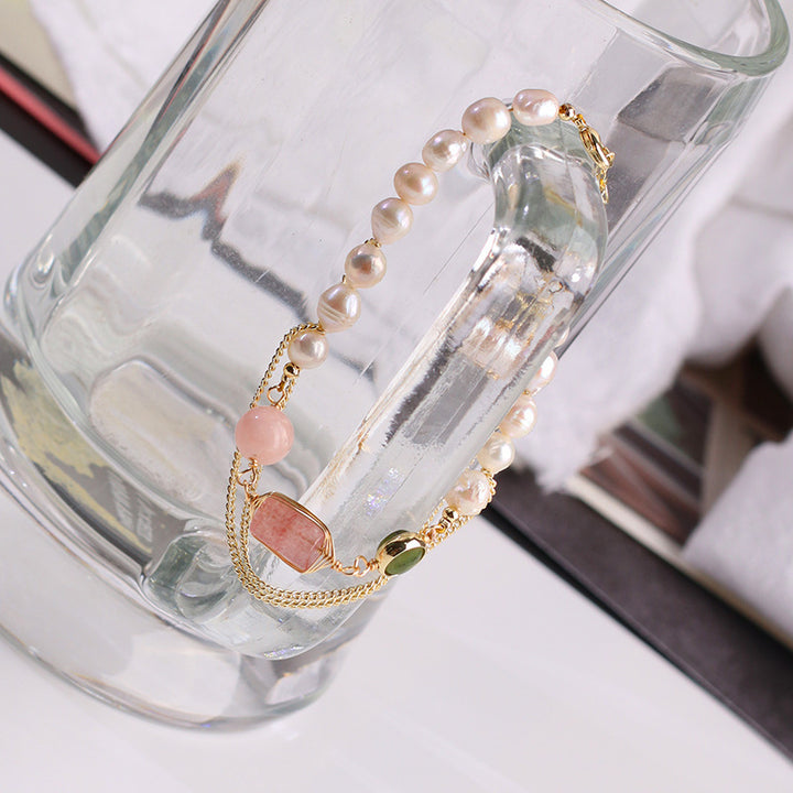 Women's Natural Freshwater Pearl and Strawberry Crystal Bracelet