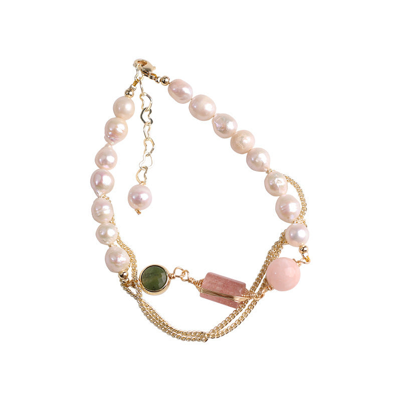 Women's Natural Freshwater Pearl and Strawberry Crystal Bracelet