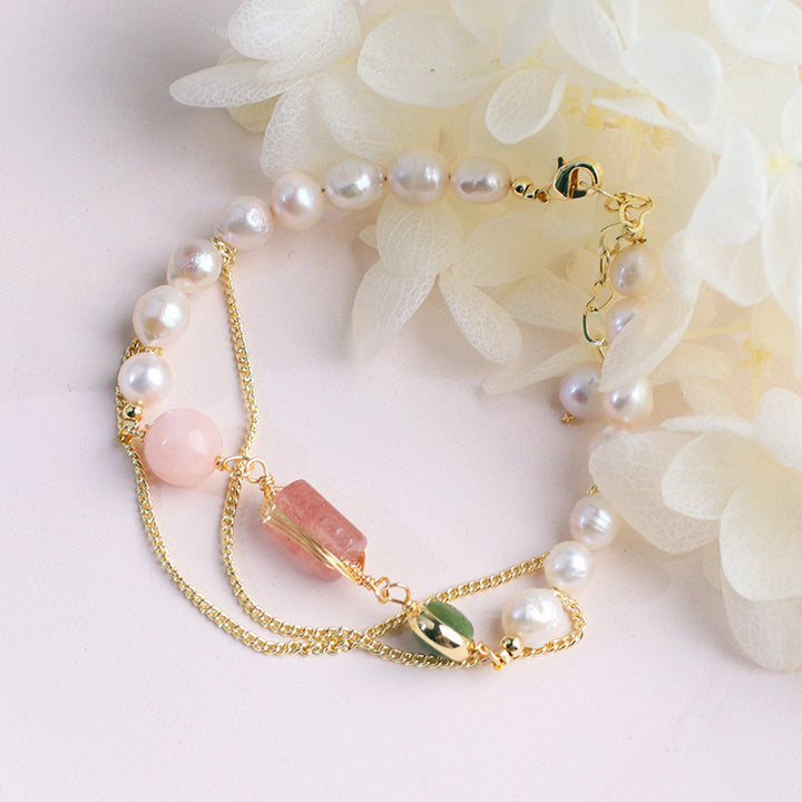 Women's Natural Freshwater Pearl and Strawberry Crystal Bracelet