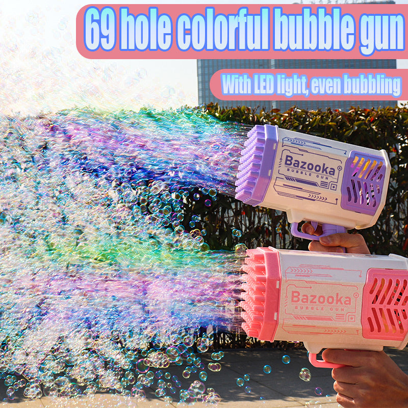 Bubble Gun Rocket - 69-Hole Automatic Soap Bubble Blower with Light for Kids