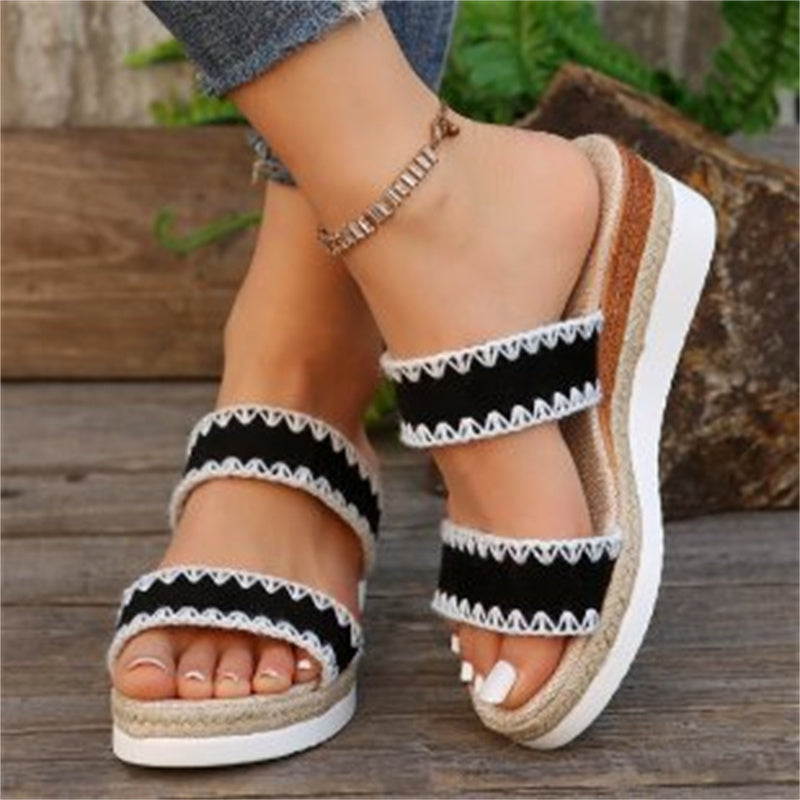 New Hemp Rope Woven Wedge Slippers - Summer Ethnic Style Sandals, Double Wide Strappy Shoes for Women