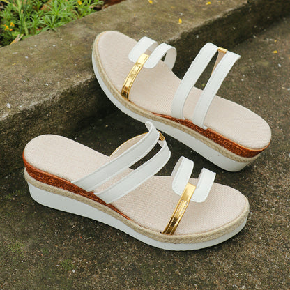 Colorblock-Strap Wedge Sandals - Summer Fashion Hemp Heel Slides, Outdoor Thick Bottom Fish Mouth Shoes for Women