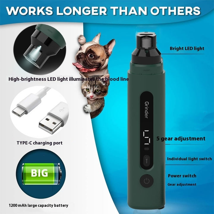 Electric Dog Nail Grinder - Rechargeable, Quiet Pet Nail Trimmer with 5-Speed Settings for Dogs & Cats