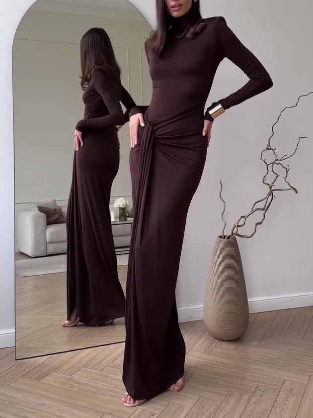 Solid Color Long Sleeve Slit Maxi Dress - Elegant & Chic