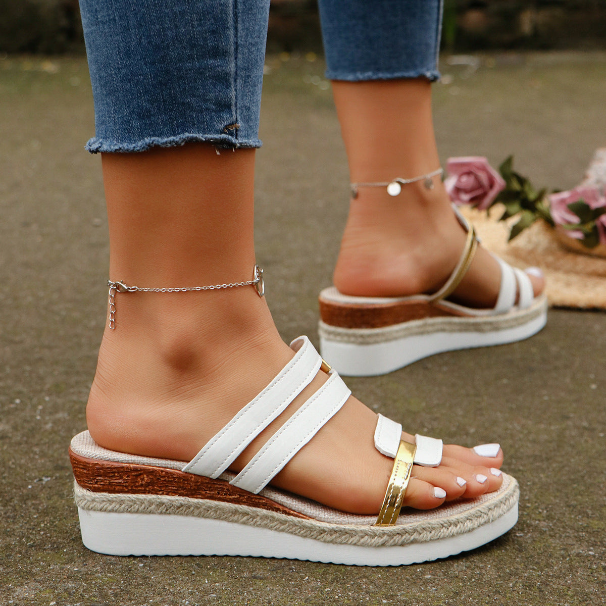 Colorblock-Strap Wedge Sandals - Summer Fashion Hemp Heel Slides, Outdoor Thick Bottom Fish Mouth Shoes for Women