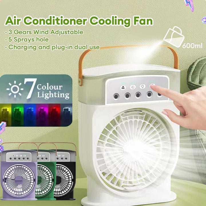 Portable USB Air Conditioner Cooling Fan - 5 Spray Modes, 7-Color Light, 600ML Water Tank Mist Cooler and Humidifier