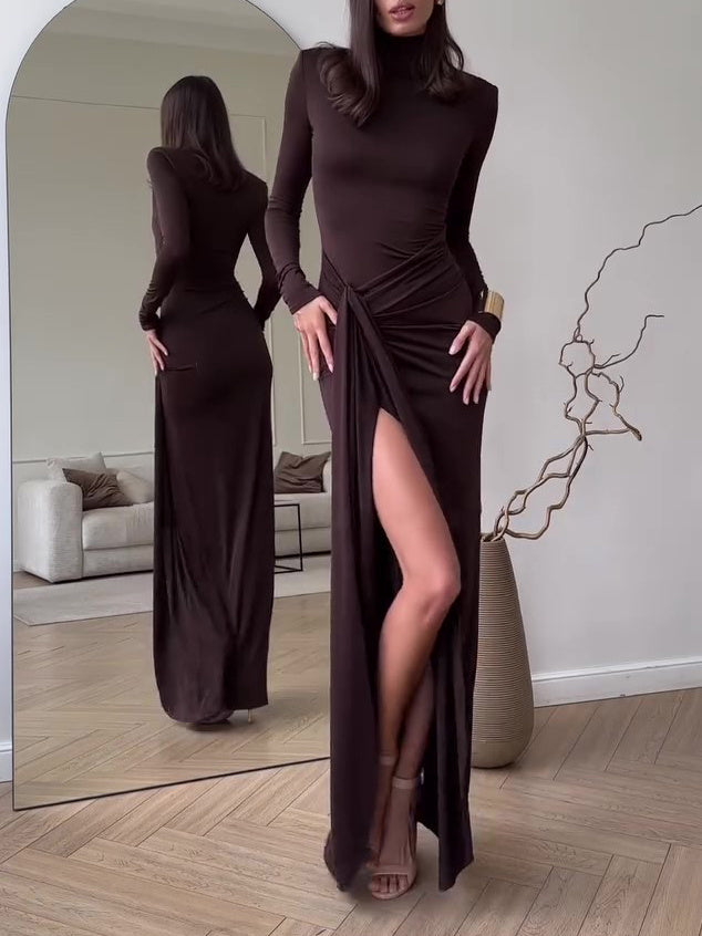 Solid Color Long Sleeve Slit Maxi Dress - Elegant & Chic