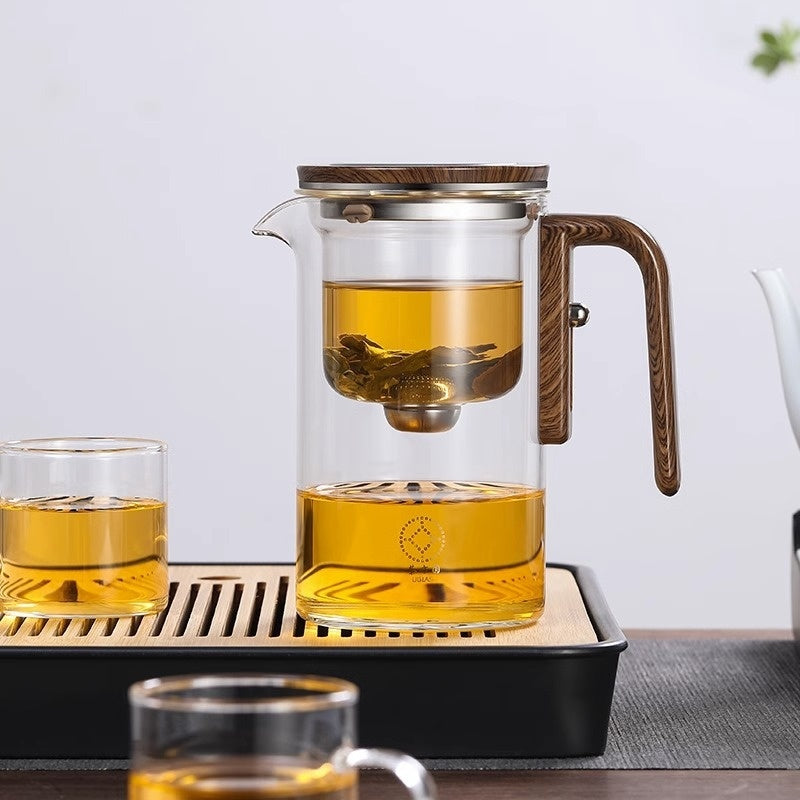 Magnetic Glass Teapot with Wood Handle & One-Click Filtration