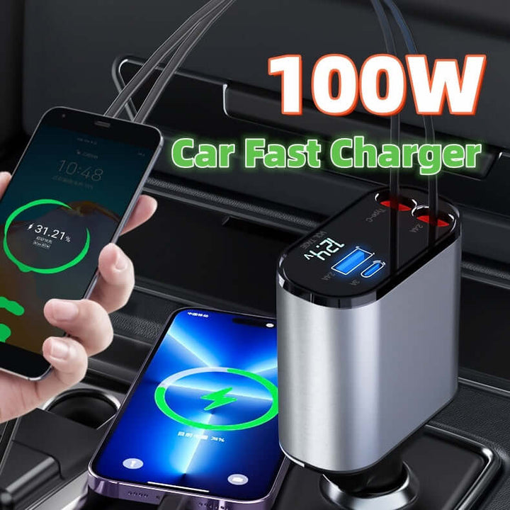 Metal Car Charger - 100W Super Fast Charging, USB & Type-C Adapter for Car Cigarette Lighter