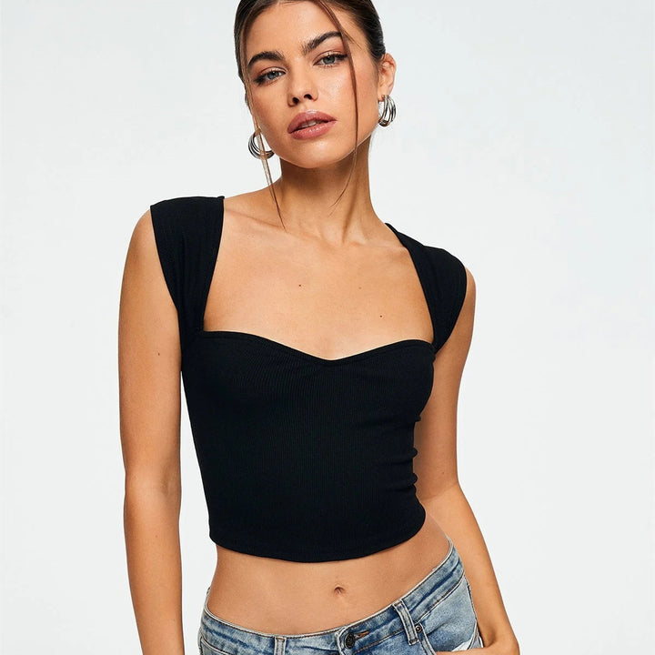 Solid Sleeveless Crop Top - Sweetheart Neck Ribbed Style