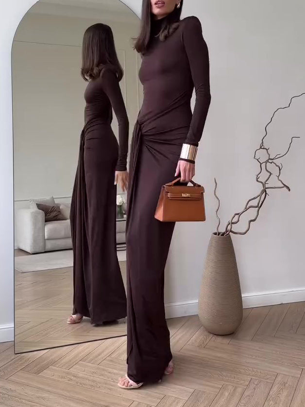 Solid Color Long Sleeve Slit Maxi Dress - Elegant & Chic