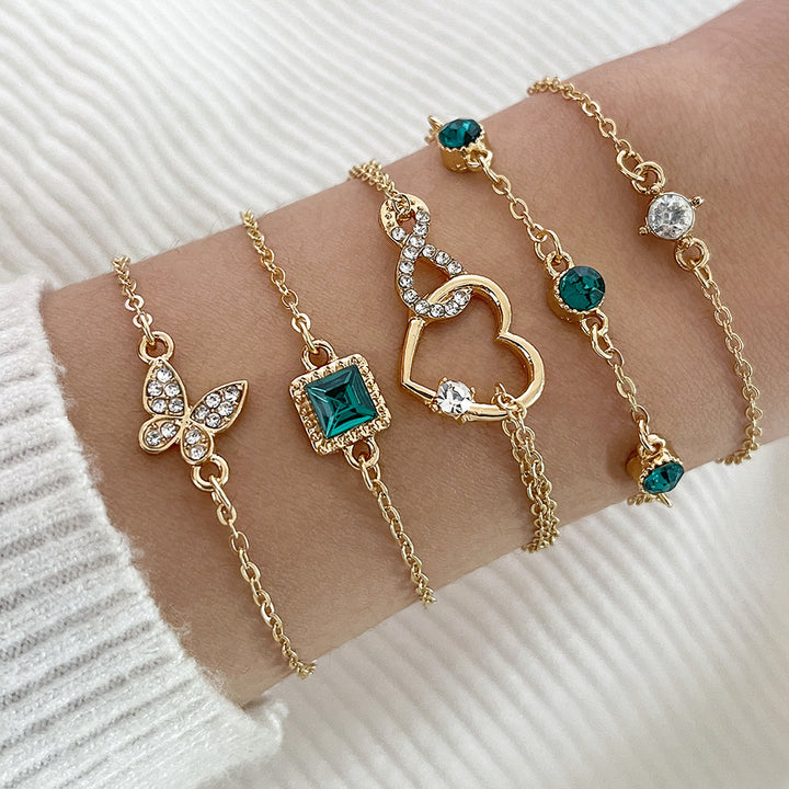 Bohemian 5-Piece Green Crystal Bracelet Set - Heart & Engagement Jewelry for Women