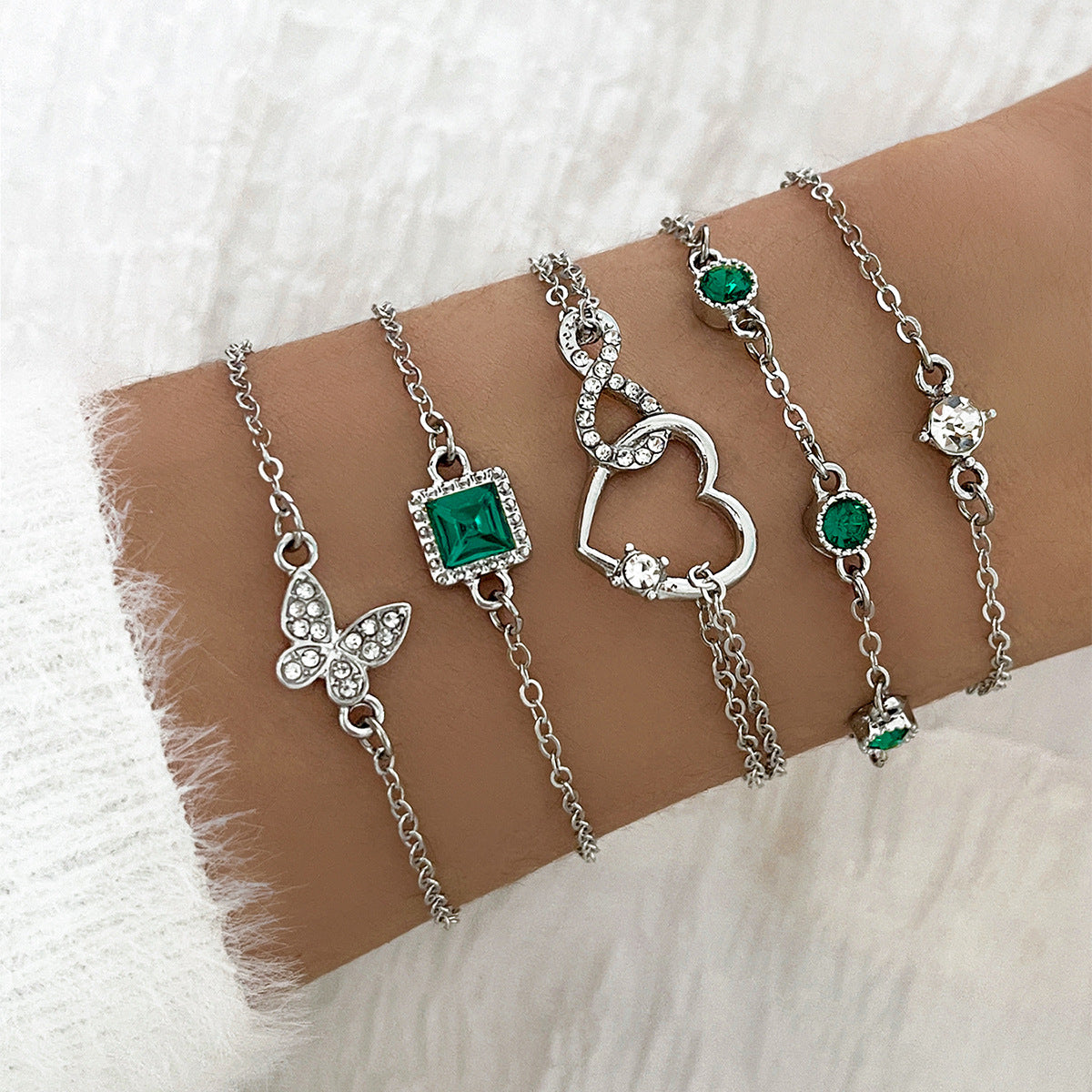 Bohemian 5-Piece Green Crystal Bracelet Set - Heart & Engagement Jewelry for Women