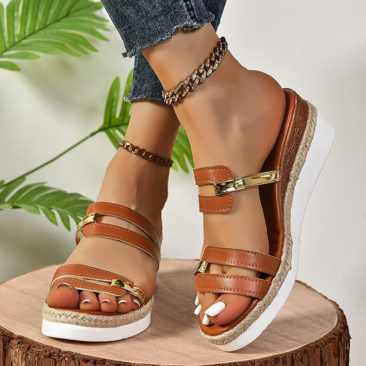 Colorblock-Strap Wedge Sandals - Summer Fashion Hemp Heel Slides, Outdoor Thick Bottom Fish Mouth Shoes for Women