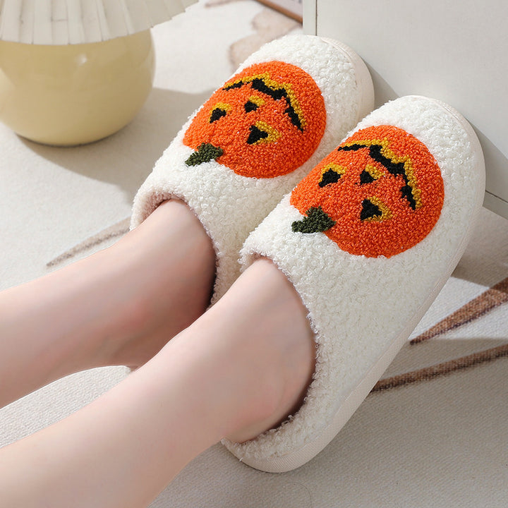 Halloween Pumpkin Cartoon Slippers – Warm Winter Indoor Shoes for Couples