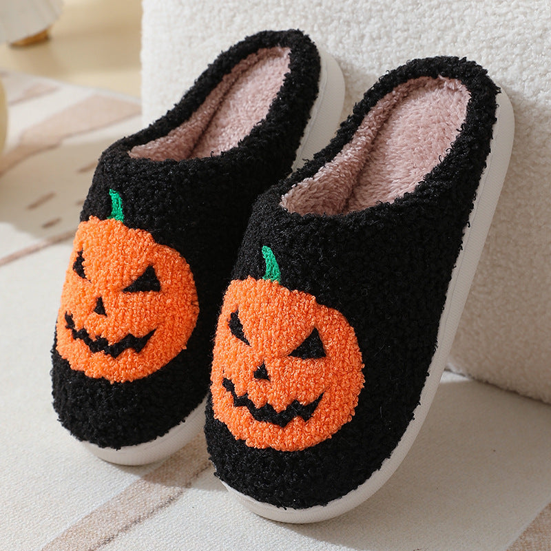 Halloween Pumpkin Cartoon Slippers – Warm Winter Indoor Shoes for Couples