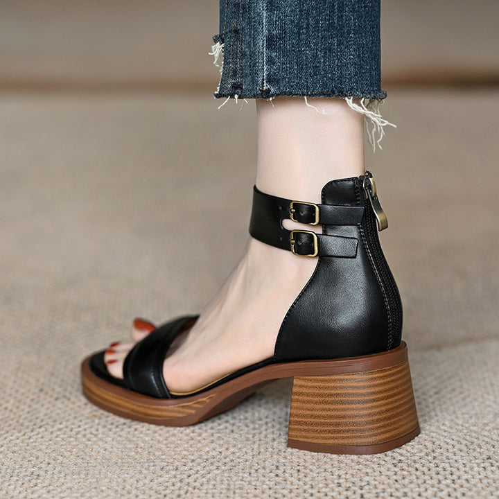 Chunky Heel French Style Platform Shoes - Back Zip, Mid Heel, Wide Strap High Heels