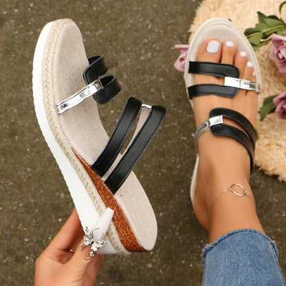 Colorblock-Strap Wedge Sandals - Summer Fashion Hemp Heel Slides, Outdoor Thick Bottom Fish Mouth Shoes for Women