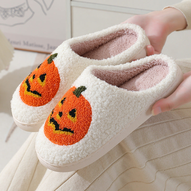 Halloween Pumpkin Cartoon Slippers – Warm Winter Indoor Shoes for Couples