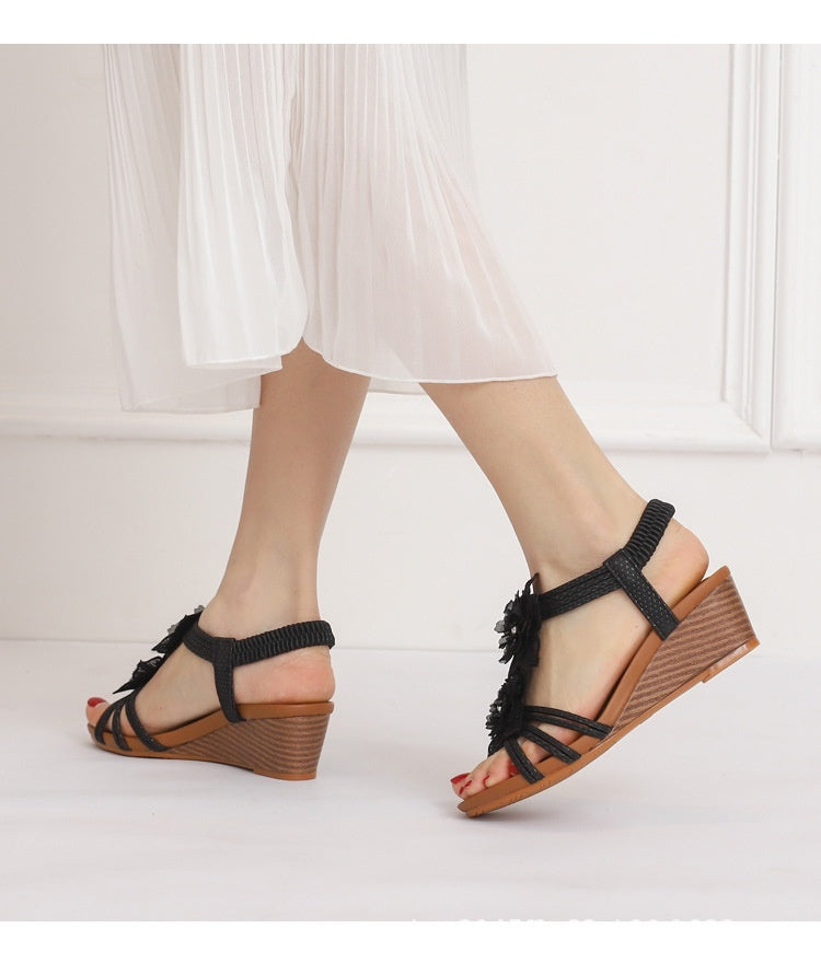 Wedge Roman Bohemian Retro Flower Sandals - Vacation Footwear for Women