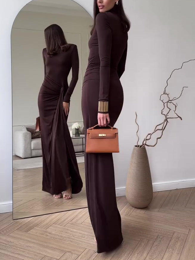 Solid Color Long Sleeve Slit Maxi Dress - Elegant & Chic