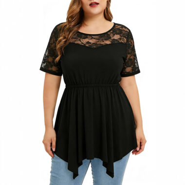 Plus Size Sheer Lace Top for Women – Slim Fit Elastic Hem Crew Neck Blouse
