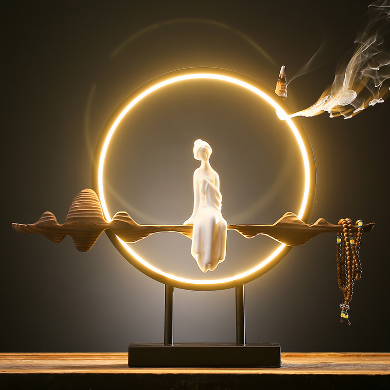 Chinese Zen Ceramic LED Table Lamp – Handmade Porcelain Circle Light with Weathered Wood Feng Shui Home Décor 1 Chinese Zen Ceramic LED Table Lamp – Handmade Porcelain Circle Light with Weathered Wood Feng Shui Home Décor
